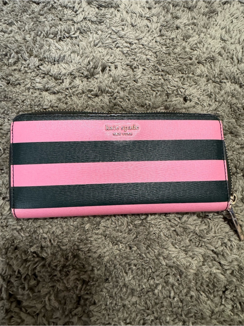 Kate Spade Pink & Black Striped Zip Around Continental Long Wallet